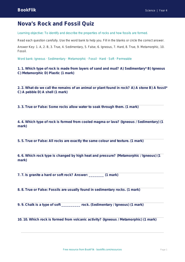 Free Rocks Quiz | Year 4 Supported | BookFlik worksheet preview — Science Rocks