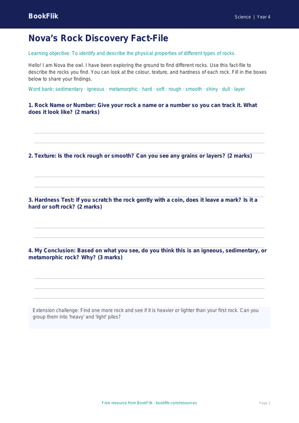 Free Rocks and Fossils Worksheet | Year 4 Science | BookFlik worksheet preview — Science Rocks