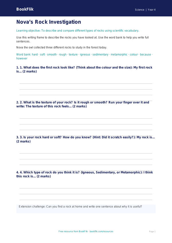 Free Rocks Writing Frame | Year 4 Supported | BookFlik worksheet preview — Science Rocks