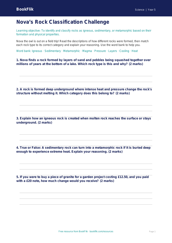 Free Rocks Activity Sheet | Year 5 Core | BookFlik worksheet preview — Science Rocks
