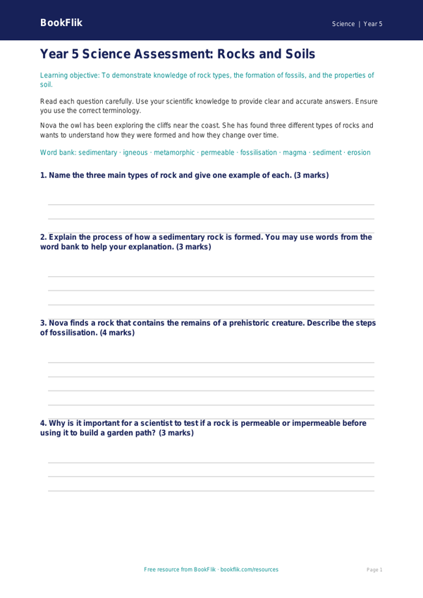 Free Rocks Assessment | Year 5 Core | BookFlik worksheet preview — Science Rocks