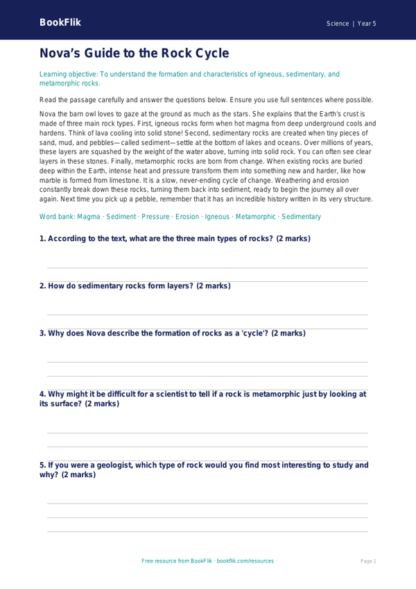 Free Rocks Comprehension Worksheet | Year 5 Science | BookFlik worksheet preview — Science Rocks