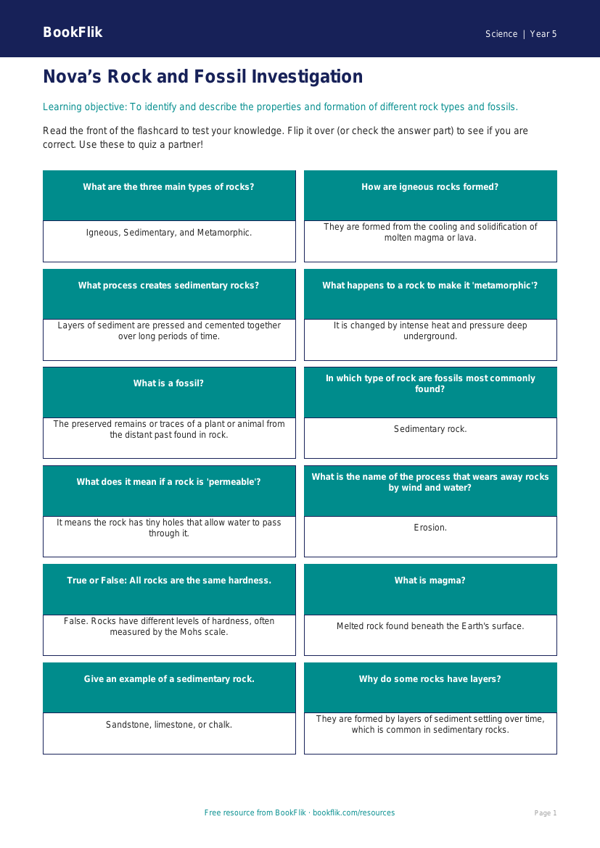 Free Rocks Flashcards | Year 5 Core | BookFlik worksheet preview — Science Rocks