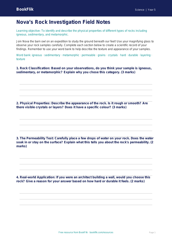 Free Rocks and Fossils Worksheet | Year 5 Science | BookFlik worksheet preview — Science Rocks