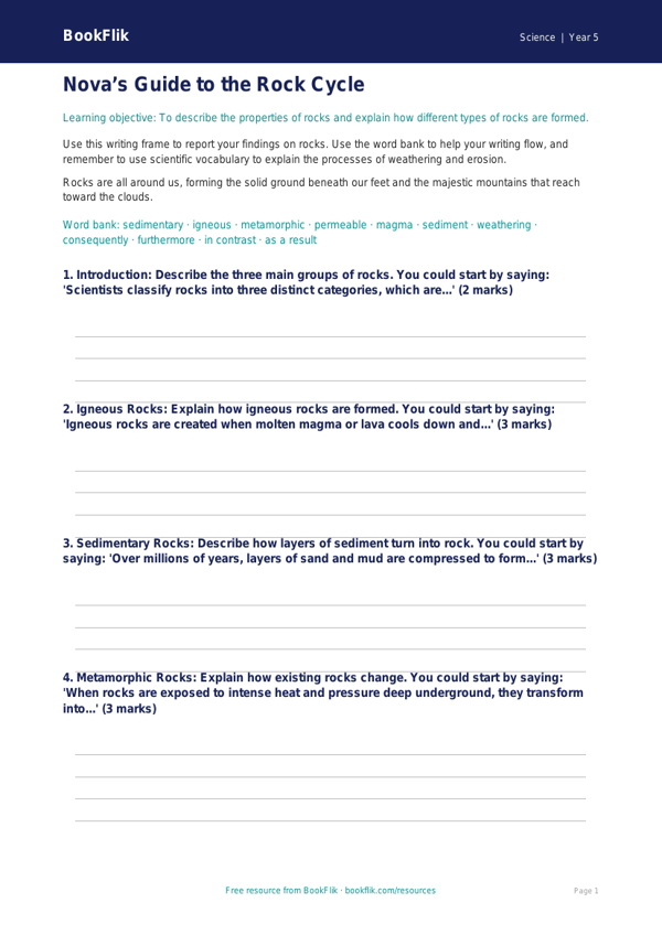 Free Rocks Writing Frame | Year 5 Core | BookFlik worksheet preview — Science Rocks