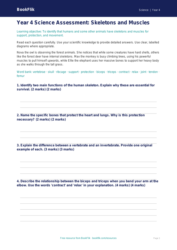 Free Skeleton And Muscles Assessment | Year 4 Greater Depth | BookFlik worksheet preview — Science Skeleton And Muscles