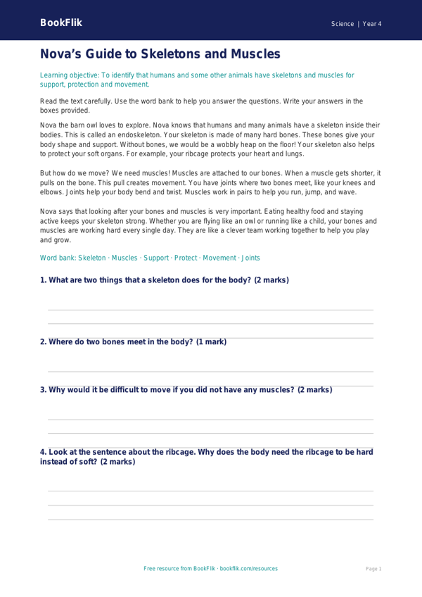 Free Skeleton And Muscles Comprehension | Year 4 Supported | BookFlik worksheet preview — Science Skeleton And Muscles