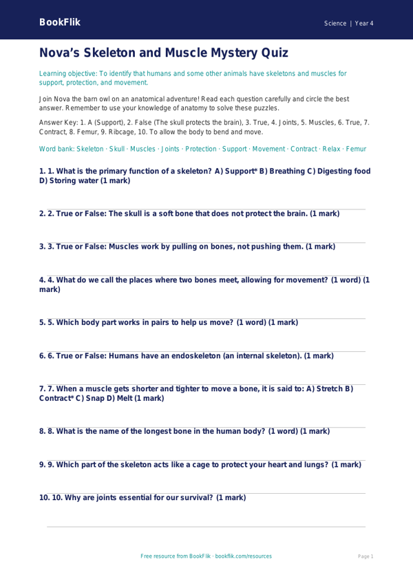 Free Skeleton And Muscles Quiz | Year 4 Greater Depth | BookFlik worksheet preview — Science Skeleton And Muscles