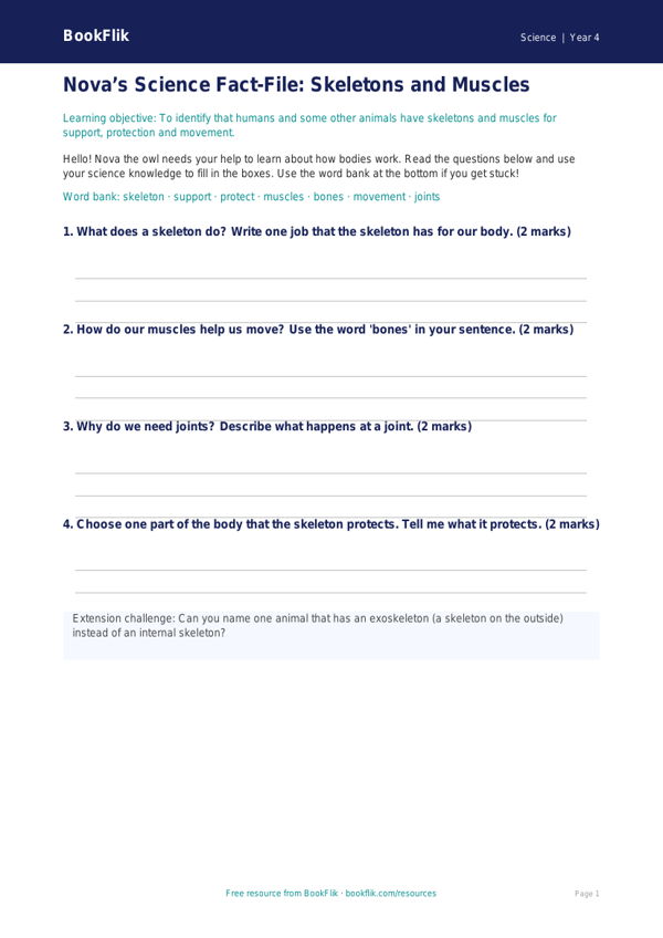 Free Skeleton And Muscles Template | Year 4 Supported | BookFlik worksheet preview — Science Skeleton And Muscles
