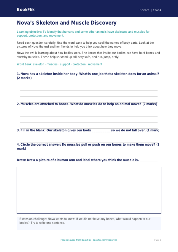 Free Skeleton And Muscles Worksheet | Year 4 Supported | BookFlik worksheet preview — Science Skeleton And Muscles