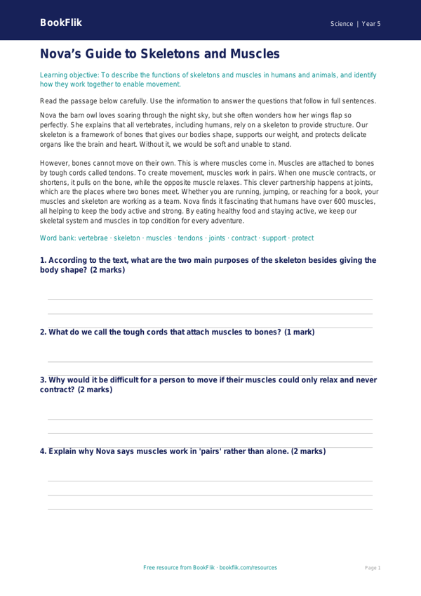 Free Skeleton And Muscles Comprehension | Year 5 Core | BookFlik worksheet preview — Science Skeleton And Muscles