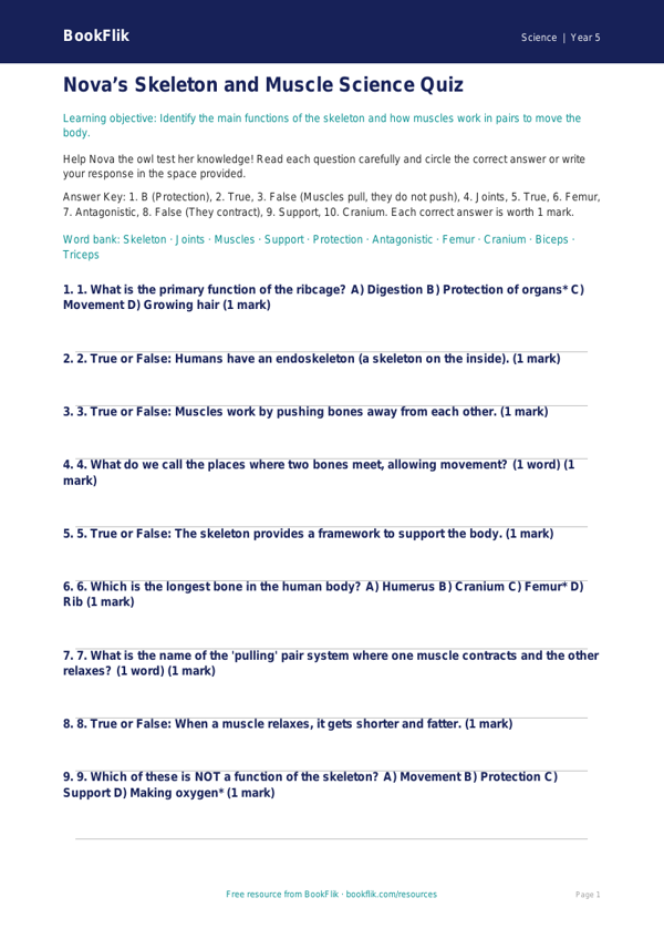 Free Skeleton And Muscles Quiz | Year 5 Core | BookFlik worksheet preview — Science Skeleton And Muscles