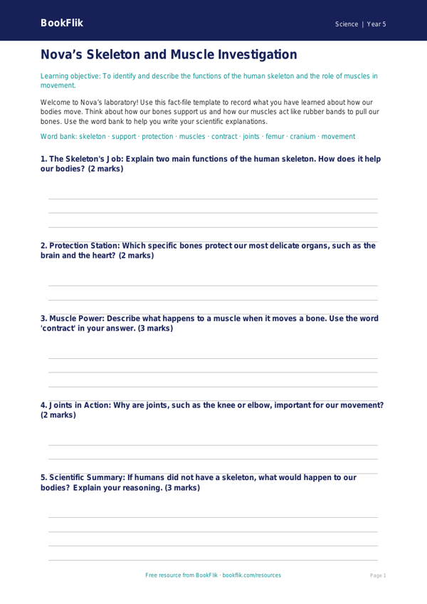Free Skeleton And Muscles Template | Year 5 Core | BookFlik worksheet preview — Science Skeleton And Muscles