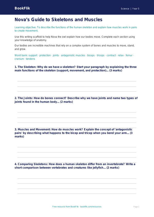 Free Skeleton And Muscles Writing Frame | Year 5 Core | BookFlik worksheet preview — Science Skeleton And Muscles