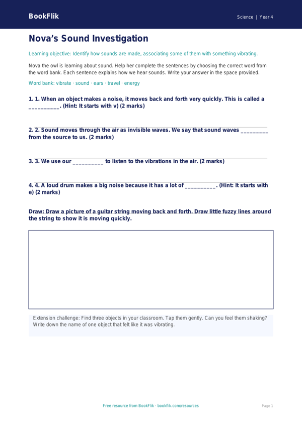 Free Sound Activity Sheet | Year 4 Supported | BookFlik worksheet preview — Science Sound