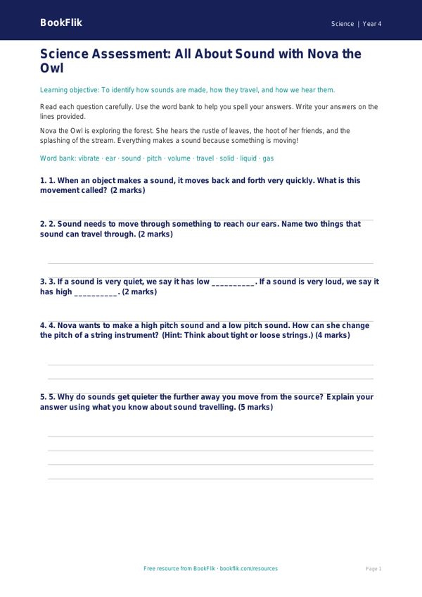 Free Sound Assessment | Year 4 Supported | BookFlik worksheet preview — Science Sound