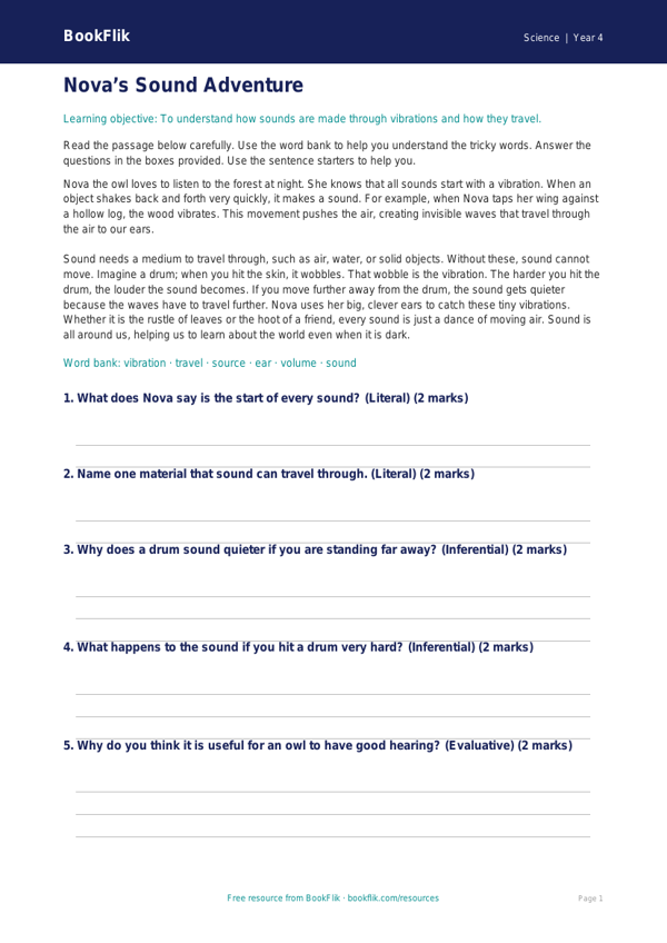 Free Sound Comprehension Worksheet | Year 4 Science | BookFlik worksheet preview — Science Sound