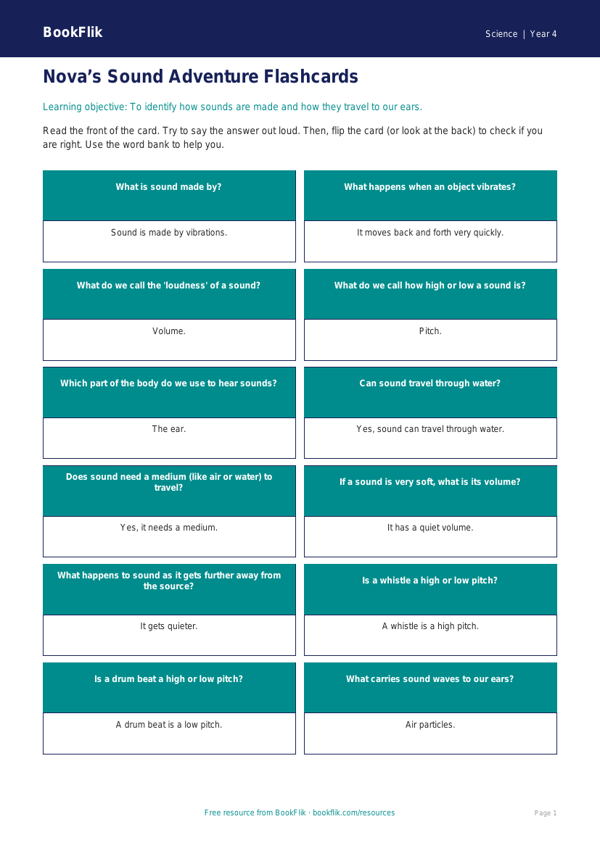 Free Sound Flashcards | Year 4 Supported | BookFlik worksheet preview — Science Sound