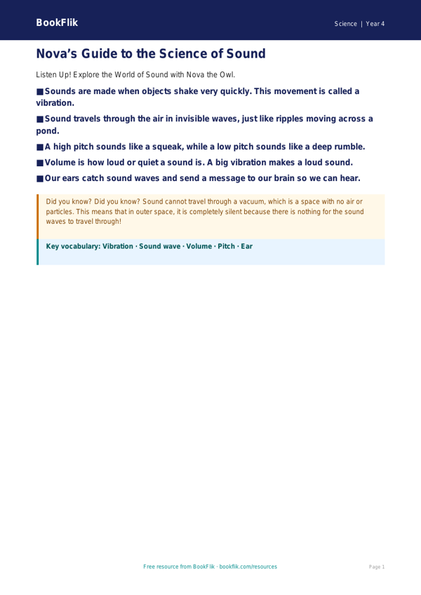 Free Sound Poster | Year 4 Supported | BookFlik worksheet preview — Science Sound