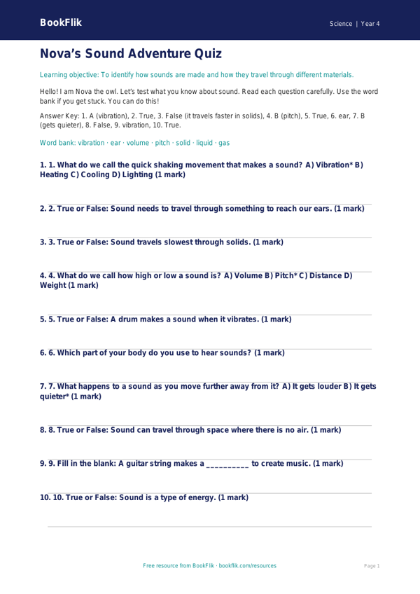 Free Sound Quiz | Year 4 Supported | BookFlik worksheet preview — Science Sound