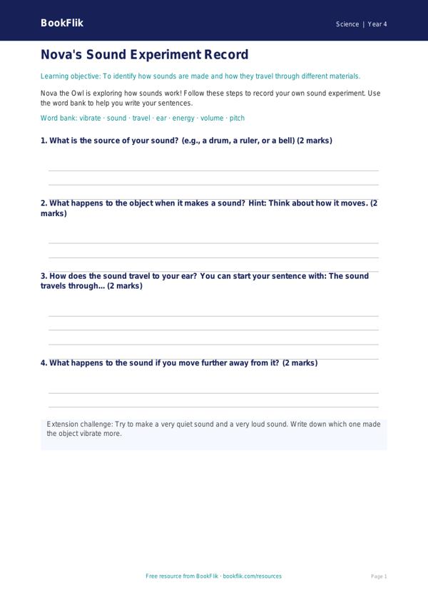 Free Sound Template | Year 4 Supported | BookFlik worksheet preview — Science Sound