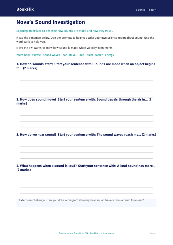 Free Sound Writing Frame | Year 4 Supported | BookFlik worksheet preview — Science Sound