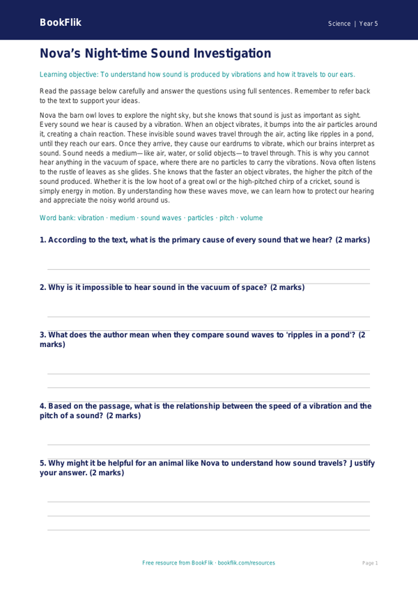 Free Sound Comprehension Worksheet | Year 5 Science | BookFlik worksheet preview — Science Sound
