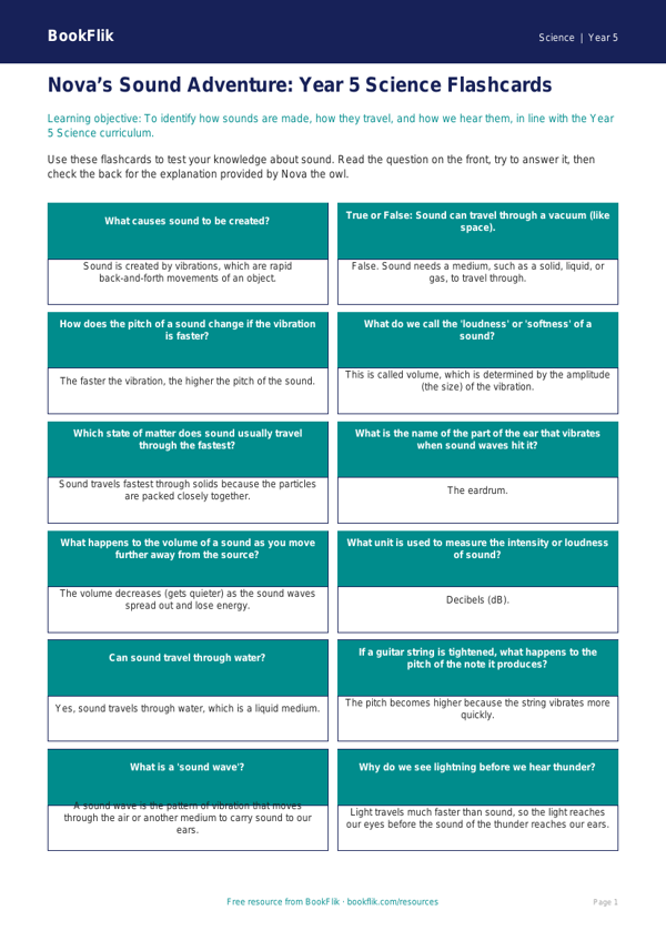 Free Sound Flashcards | Year 5 Core | BookFlik worksheet preview — Science Sound