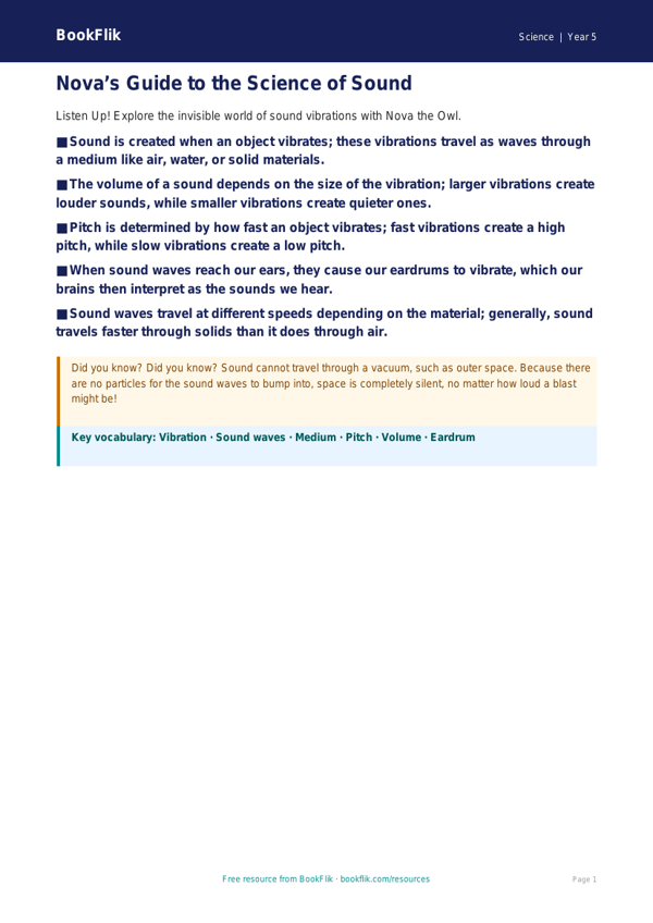 Free Sound Poster | Year 5 Science Worksheet | BookFlik worksheet preview — Science Sound