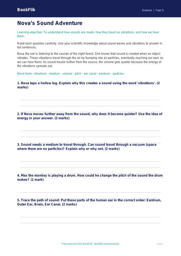 Free Sound Worksheet | Year 5 Science | BookFlik worksheet preview — Science Sound