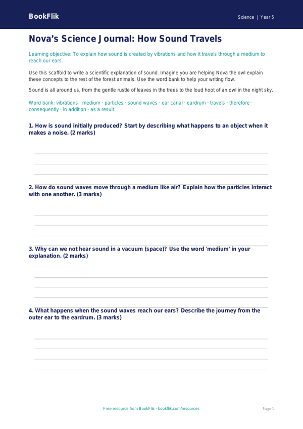 Free Sound Writing Frame | Year 5 Core | BookFlik worksheet preview — Science Sound
