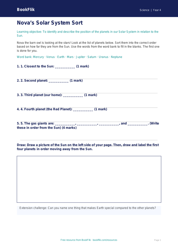 Free Space Activity Sheet | Year 4 Supported | BookFlik worksheet preview — Science Space