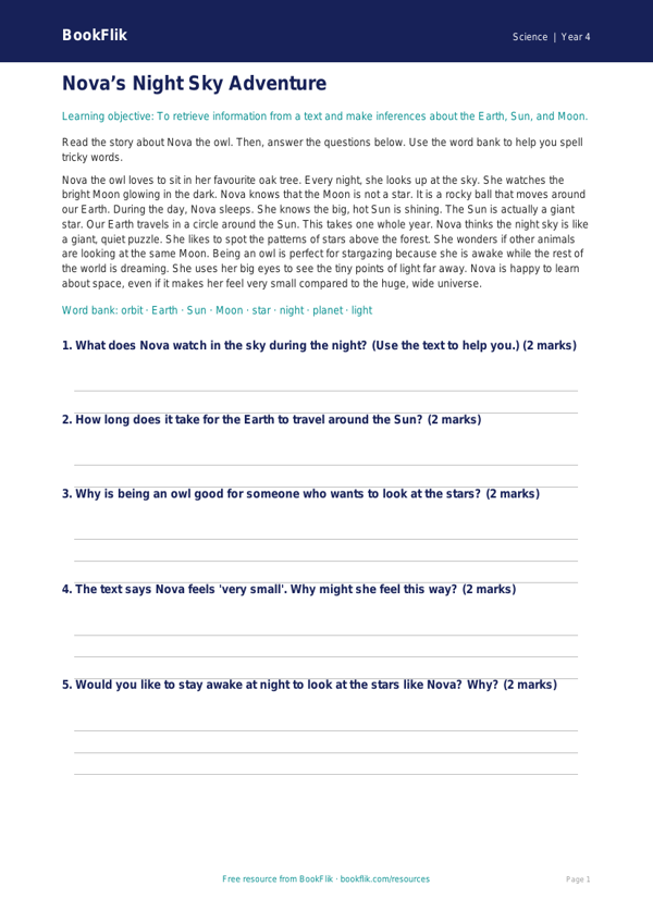 Free Space Comprehension | Year 4 Supported | BookFlik worksheet preview — Science Space
