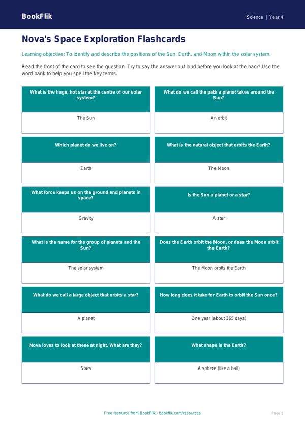 Free Space Flashcards | Year 4 Supported | BookFlik worksheet preview — Science Space