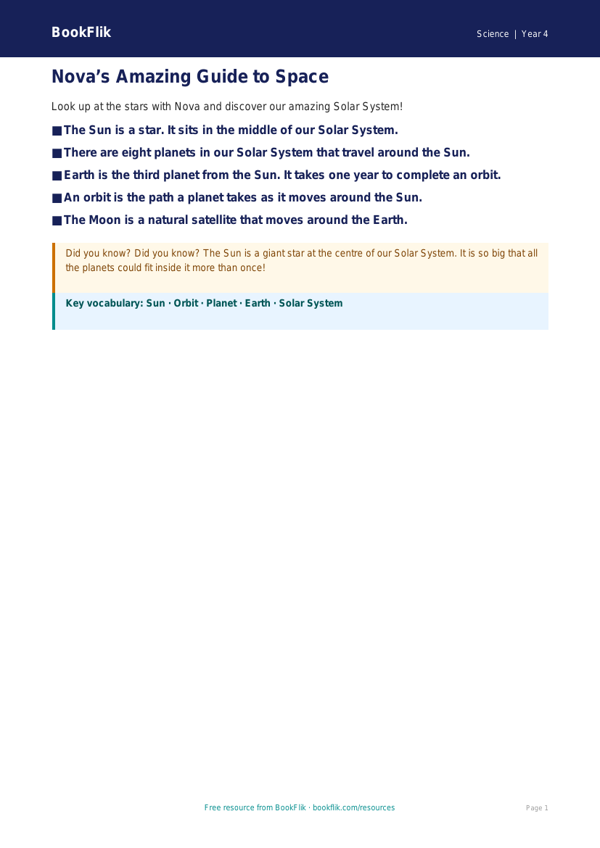 Free Space Poster | Year 4 Supported | BookFlik worksheet preview — Science Space
