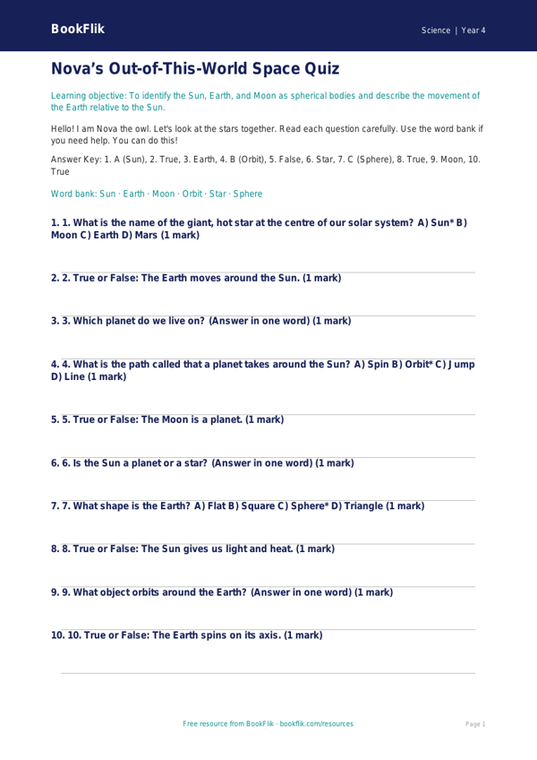 Free Space Quiz | Year 4 Supported | BookFlik worksheet preview — Science Space