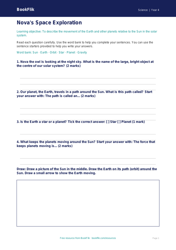 Free Space Worksheet | Year 4 Supported | BookFlik worksheet preview — Science Space