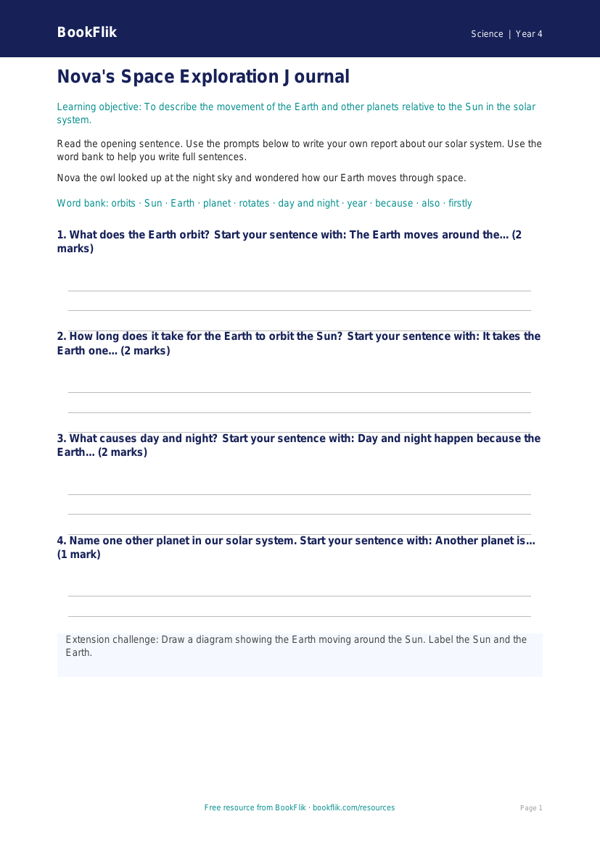 Free Space Writing Frame | Year 4 Supported | BookFlik worksheet preview — Science Space