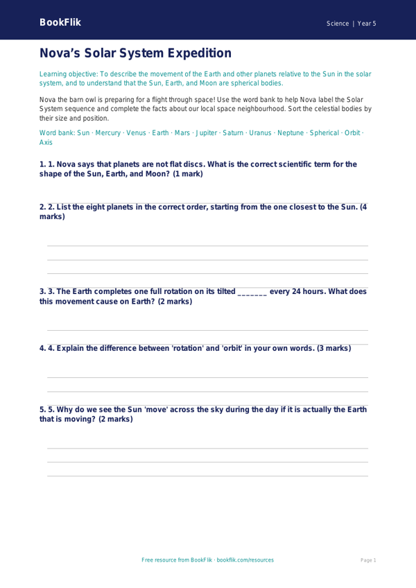 Free Space Activity Sheet | Year 5 Core | BookFlik worksheet preview — Science Space