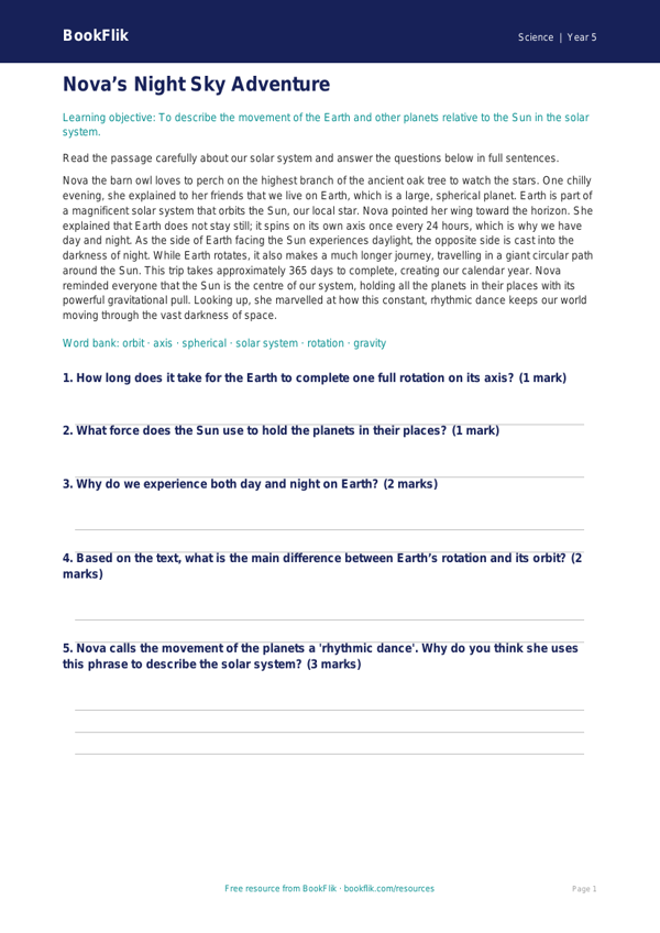 Free Space Comprehension Worksheet | Year 5 Science | BookFlik worksheet preview — Science Space