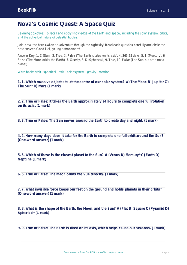 Free Space Quiz | Year 5 Core | BookFlik worksheet preview — Science Space
