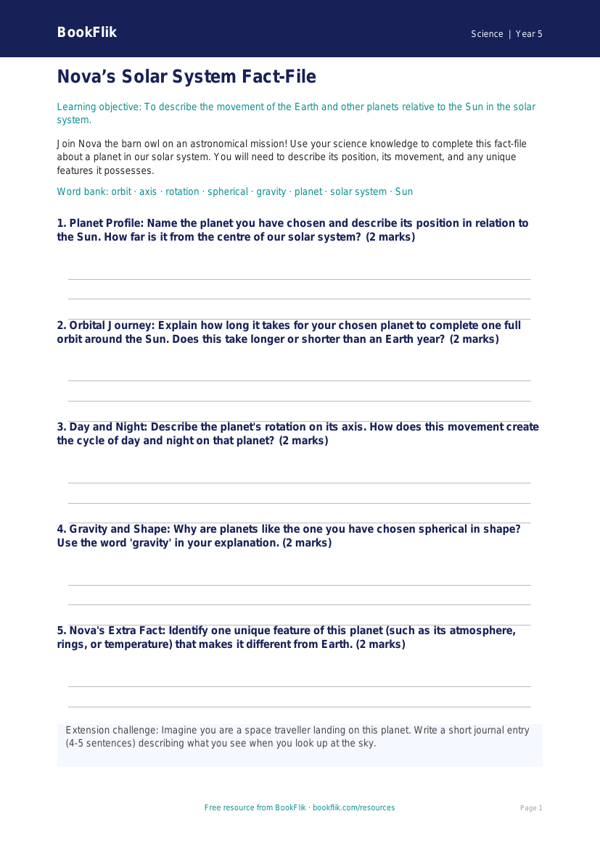 Free Space Worksheet for Year 5 | Science Activity | BookFlik worksheet preview — Science Space