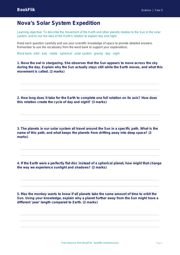Free Space Worksheet | Year 5 Science | BookFlik worksheet preview — Science Space
