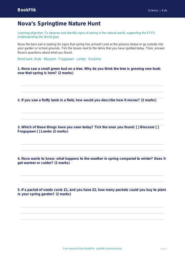 Free Spring Science Activity Sheet | EYFS Core | BookFlik worksheet preview — Science Spring Science