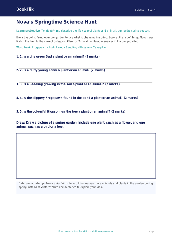 Free Spring Science Activity Sheet | Year 4 Supported | BookFlik worksheet preview — Science Spring Science
