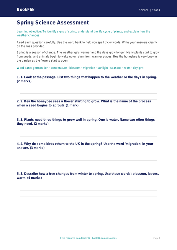 Free Spring Science Assessment | Year 4 Supported | BookFlik worksheet preview — Science Spring Science