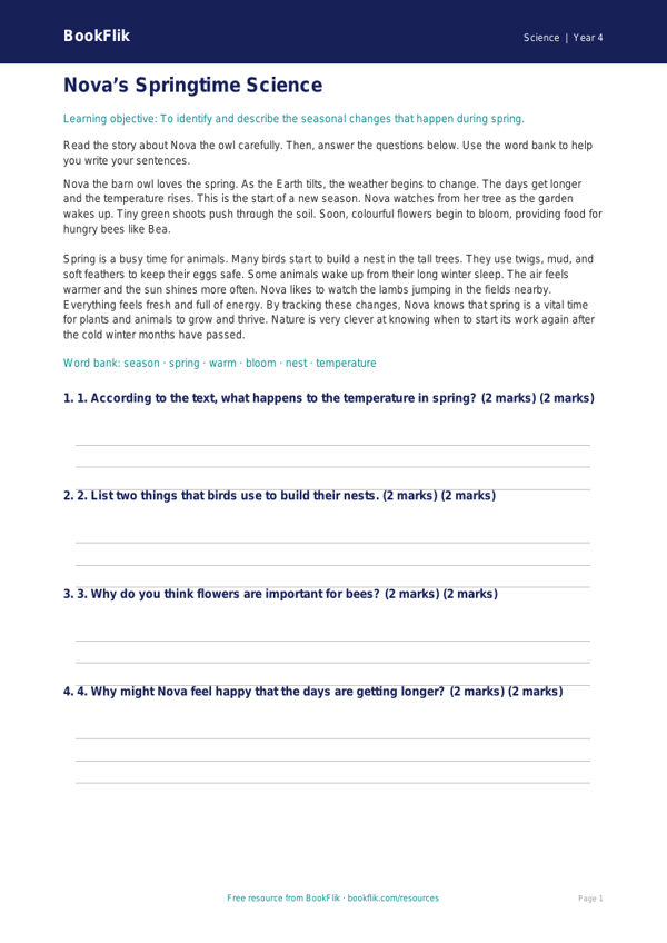 Free Spring Science Comprehension | Year 4 Supported | BookFlik worksheet preview — Science Spring Science