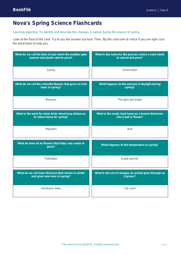 Free Spring Science Flashcards | Year 4 Supported | BookFlik worksheet preview — Science Spring Science