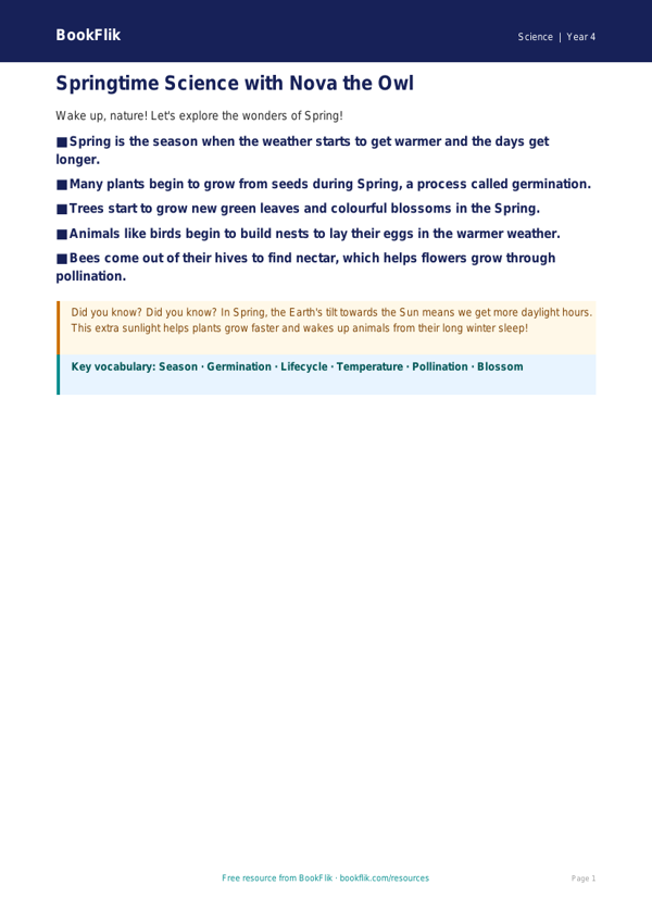 Free Spring Science Poster | Year 4 Supported | BookFlik worksheet preview — Science Spring Science