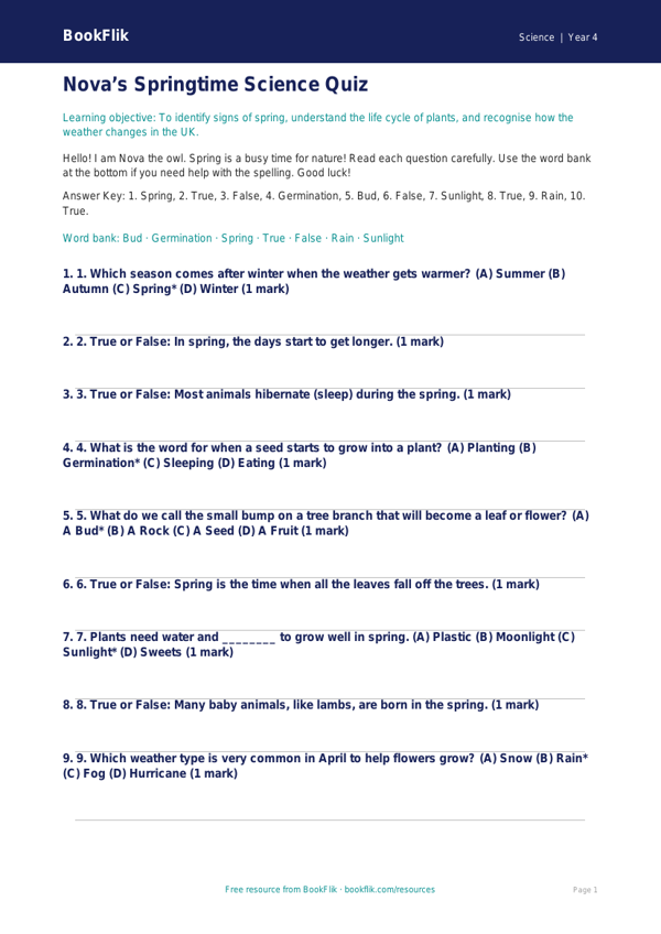 Free Spring Science Quiz | Year 4 Supported | BookFlik worksheet preview — Science Spring Science